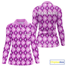 Load image into Gallery viewer, Women golf polo shirts custom light purple argyle plaid pattern golf attire for ladies, golfer gifts NQS10437