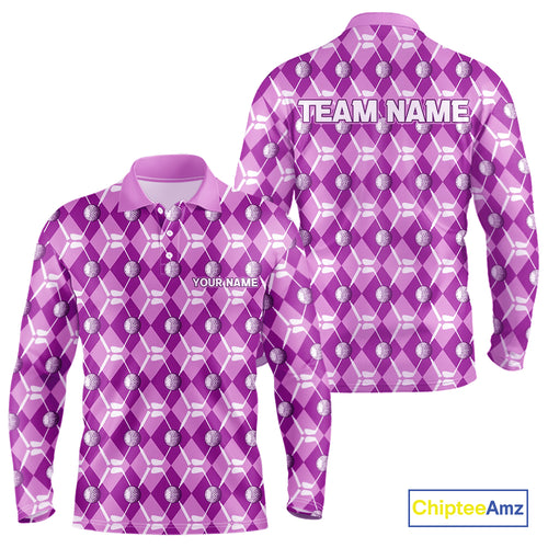 Mens golf polo shirts custom light purple argyle plaid pattern golf attire for men, golfer gifts NQS10437