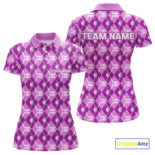 Women golf polo shirts custom light purple argyle plaid pattern golf attire for ladies, golfer gifts NQS10437