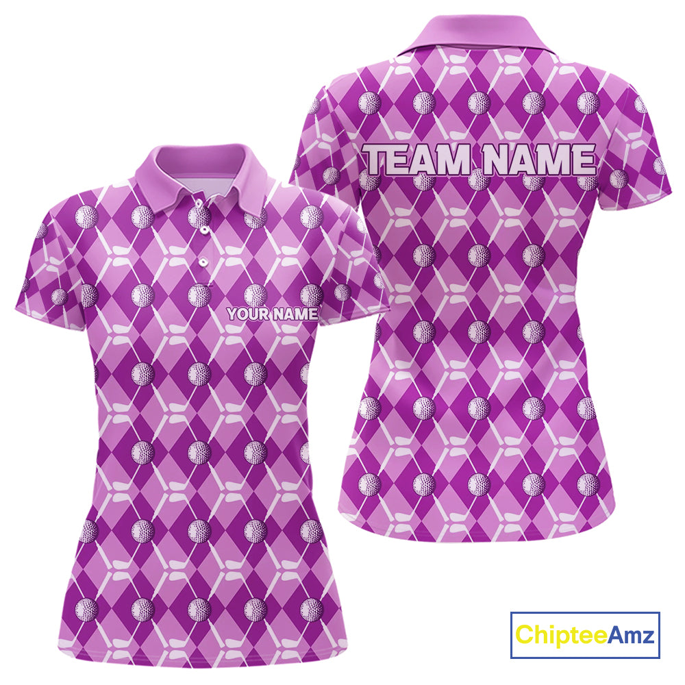 Women golf polo shirts custom light purple argyle plaid pattern golf attire for ladies, golfer gifts NQS10437