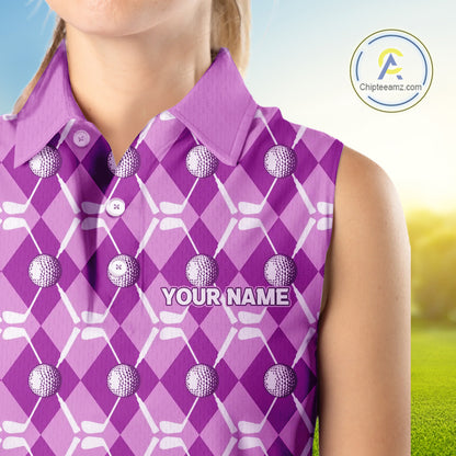 Women sleeveless polo shirt custom light purple argyle plaid pattern golf attire for ladies NQS10437