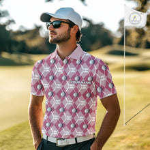Load image into Gallery viewer, Mens golf polo shirts custom pink argyle plaid pattern golf attire for men, golfer gifts NQS10443