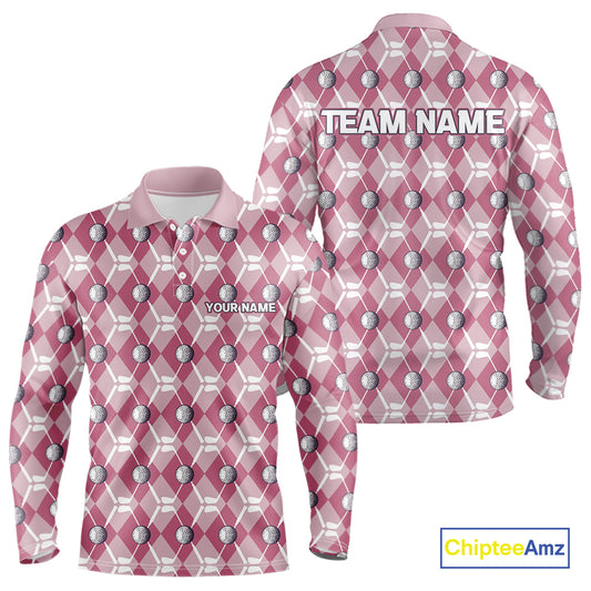 Mens golf polo shirts custom pink argyle plaid pattern golf attire for men, golfer gifts NQS10443