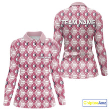 Load image into Gallery viewer, Women golf polo shirts custom pink argyle plaid pattern golf attire for ladies, golfer gifts NQS10443