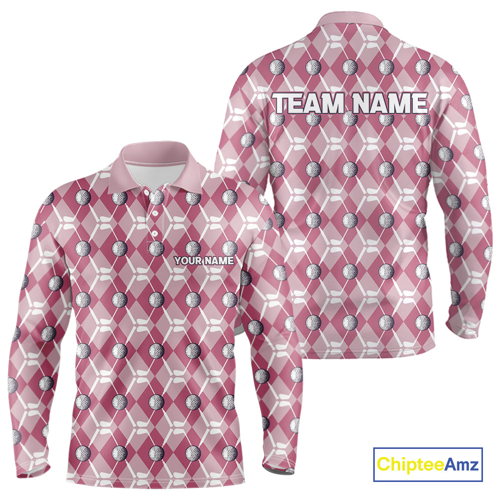 Mens golf polo shirts custom pink argyle plaid pattern golf attire for men, golfer gifts NQS10443