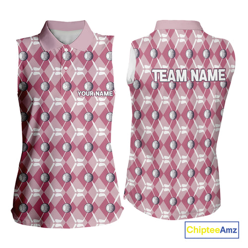 Women sleeveless polo shirt custom pink argyle plaid pattern golf attire for ladies NQS10443