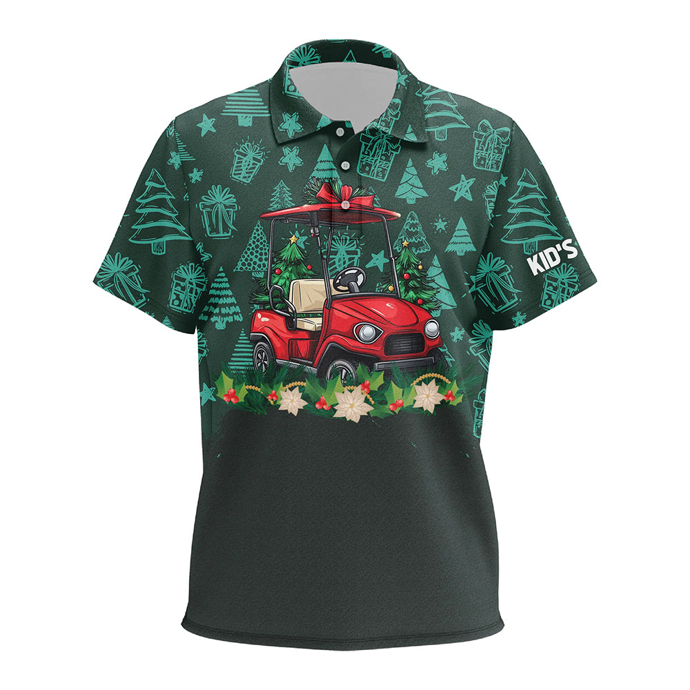 Green christmas pattern Golf cart Kid golf polo shirts custom Christmas golf clothes for children NQS8686