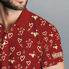 Load image into Gallery viewer, Gold Heart Red pattern Mens golf polo shirts custom Valentines golf gift for him  NQS9368