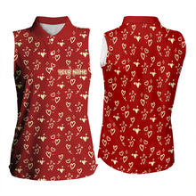 Load image into Gallery viewer, Gold Heart Red pattern Women sleeveless polo shirt custom Valentines golf gift for her NQS9368
