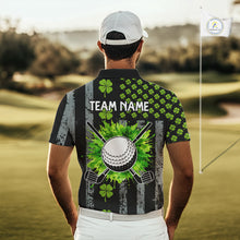 Load image into Gallery viewer, Custom Black Grunge US Flag Green Shamrock St Patrick Golf Polo shirts for Men Patriotic Golf shirts NQS11449