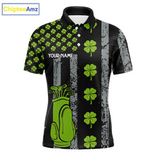 Load image into Gallery viewer, Custom Black Grunge US Flag Green Shamrock St Patrick Golf Polo shirts for Men Patriotic Golf shirts NQS11449