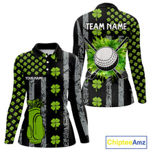 Load image into Gallery viewer, Custom Black Grunge US Flag Green Shamrock St Patrick Golf Polo shirts for Women Patriotic Golf shirt NQS11449