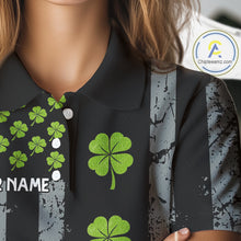 Load image into Gallery viewer, Custom Black Grunge US Flag Green Shamrock St Patrick Golf Polo shirts for Women Patriotic Golf shirt NQS11449