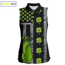 Load image into Gallery viewer, Custom Black Grunge US Flag Green Shamrock St Patrick Sleeveless Golf Polo shirt Patriotic Golf shirt NQS11449