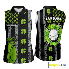 Load image into Gallery viewer, Custom Black Grunge US Flag Green Shamrock St Patrick Sleeveless Golf Polo shirt Patriotic Golf shirt NQS11449