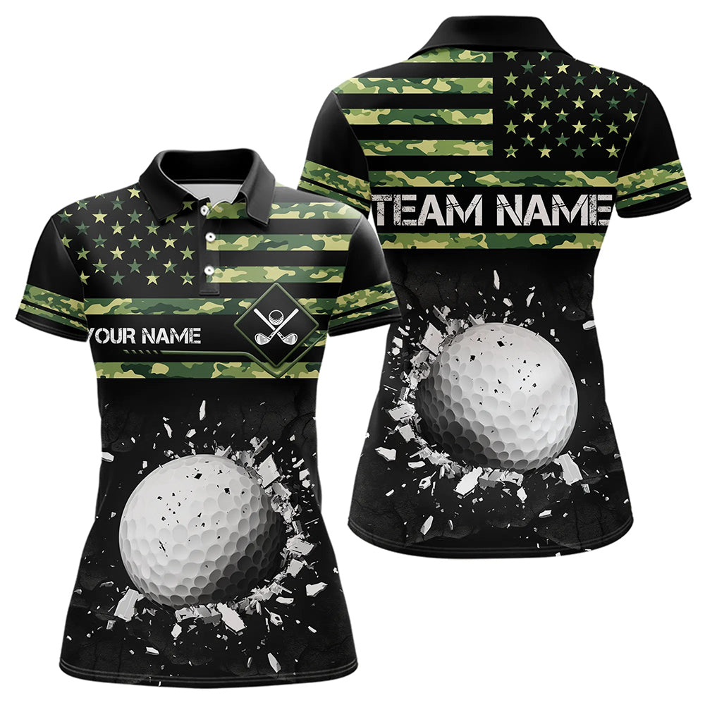 Green Camo American flag black Women golf polo shirts custom patriotic team golf apparel for ladies NQS9517