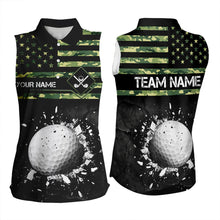 Load image into Gallery viewer, Green Camo American flag black Women sleeveless polo shirt custom patriotic team ladies golf apparel NQS9517