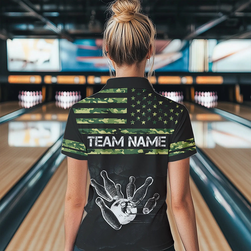 Personalized Green camo American flag Custom Bowling Team Shirts For Women, Bowling League Jersey NQS9518