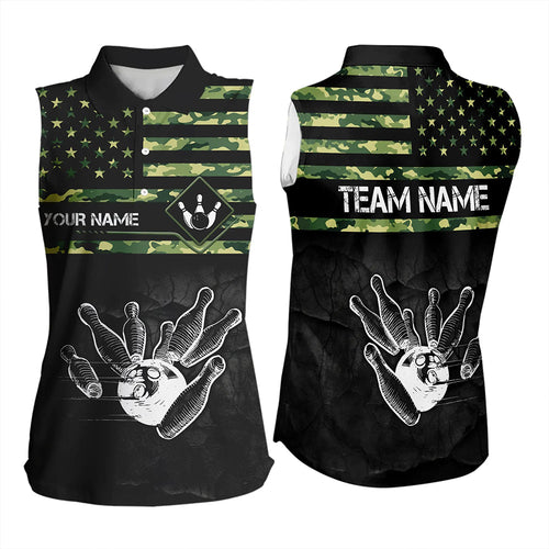 Personalized Green camo American flag Custom Bowling Sleeveless Polo Shirt, Bowling League Jersey NQS9518