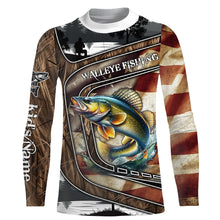 Load image into Gallery viewer, Walleye Fishing camo American flag patriotic Customize name long sleeves fishing shirts NQS1433