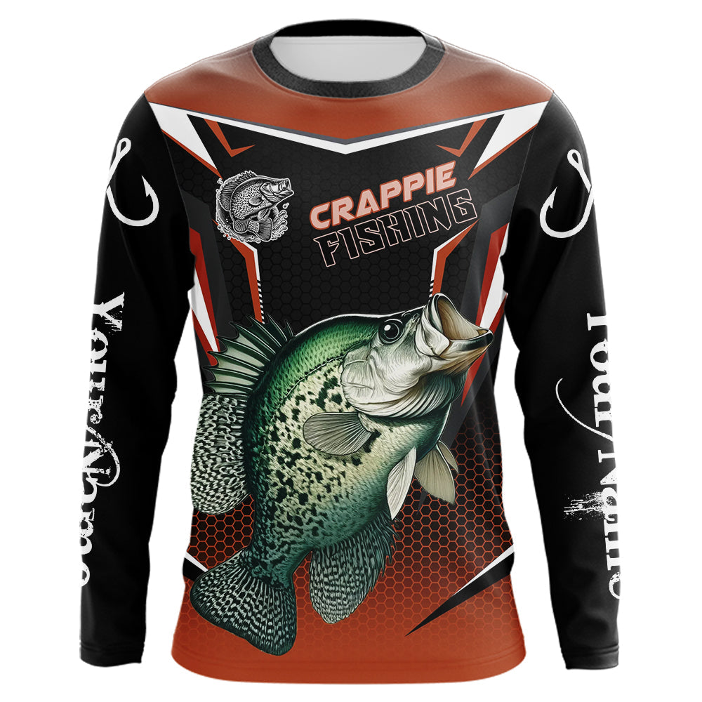 Black and Orange Crappie Long Sleeve Fishing Shirts, Personalized Crappie Fishing Tounament Jerseys NQS9680