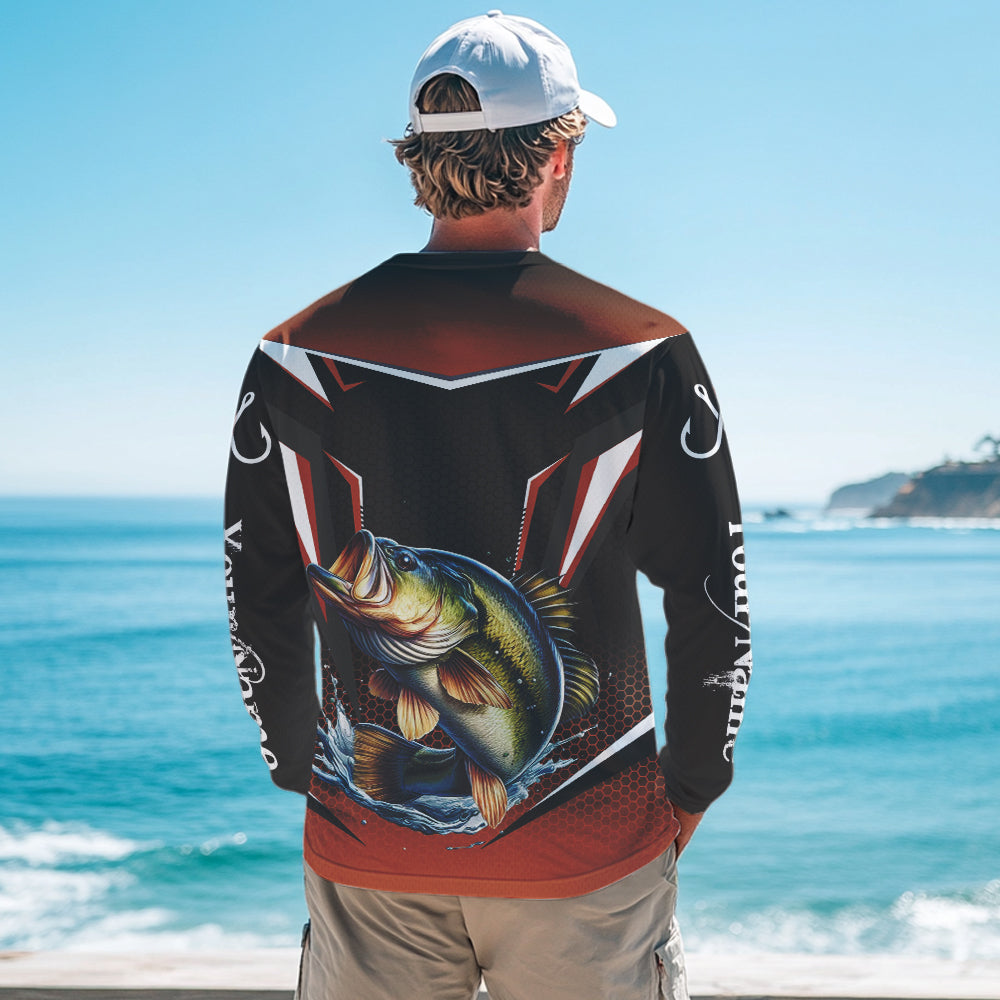 Black and Orange Largemouth Bass Long Sleeve Fishing Shirt, Personalized Bass Fishing Tounament Jersey NQS9681