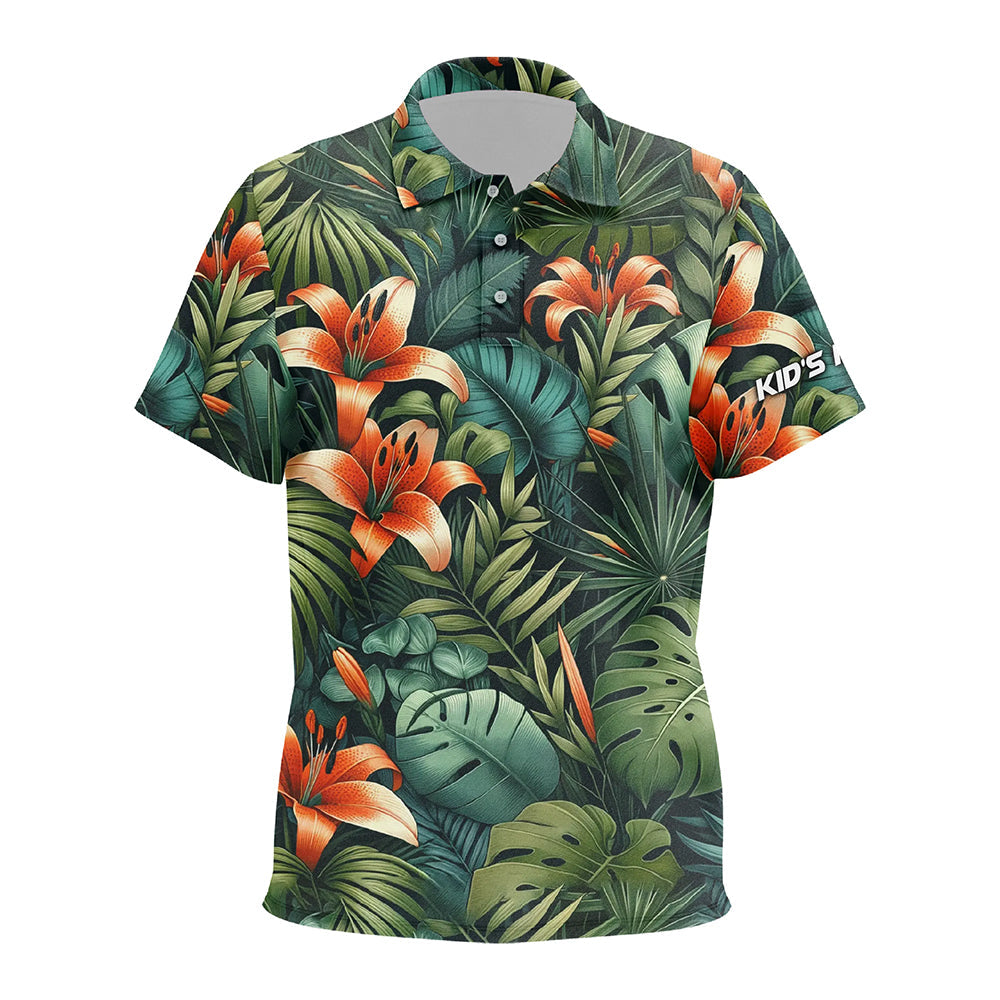 Green tropical flower pattern Kid golf polos shirt custom team golf shirts, golf tops for Kid NQS7617