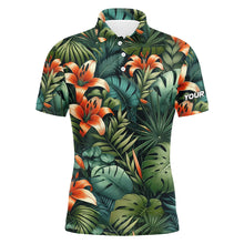 Load image into Gallery viewer, Green tropical flower pattern Mens golf polo shirts custom team golf shirts, golf tops for men NQS7617