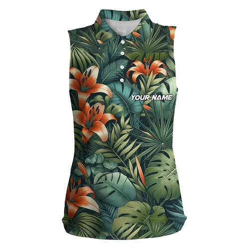 Green tropical flower pattern Womens sleeveless golf polo shirts custom golf tops for Kid NQS7617