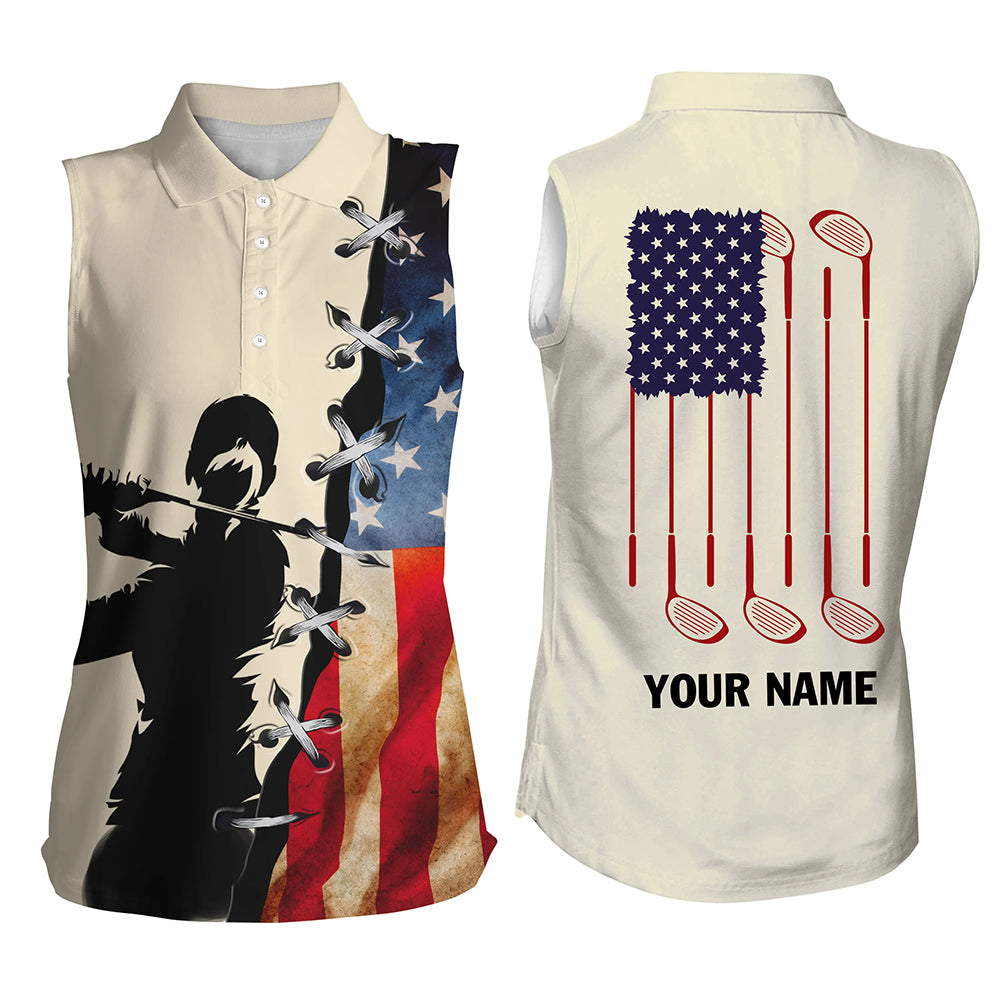 Vintage American flag Women sleeveless polo shirt custom name golf clubs patriotic ladies golf shirt NQS5720