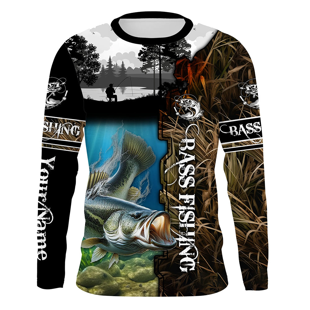 Largemouth Bass Fishing Camo UV protection customize name long sleeves fishing shirts NQS712