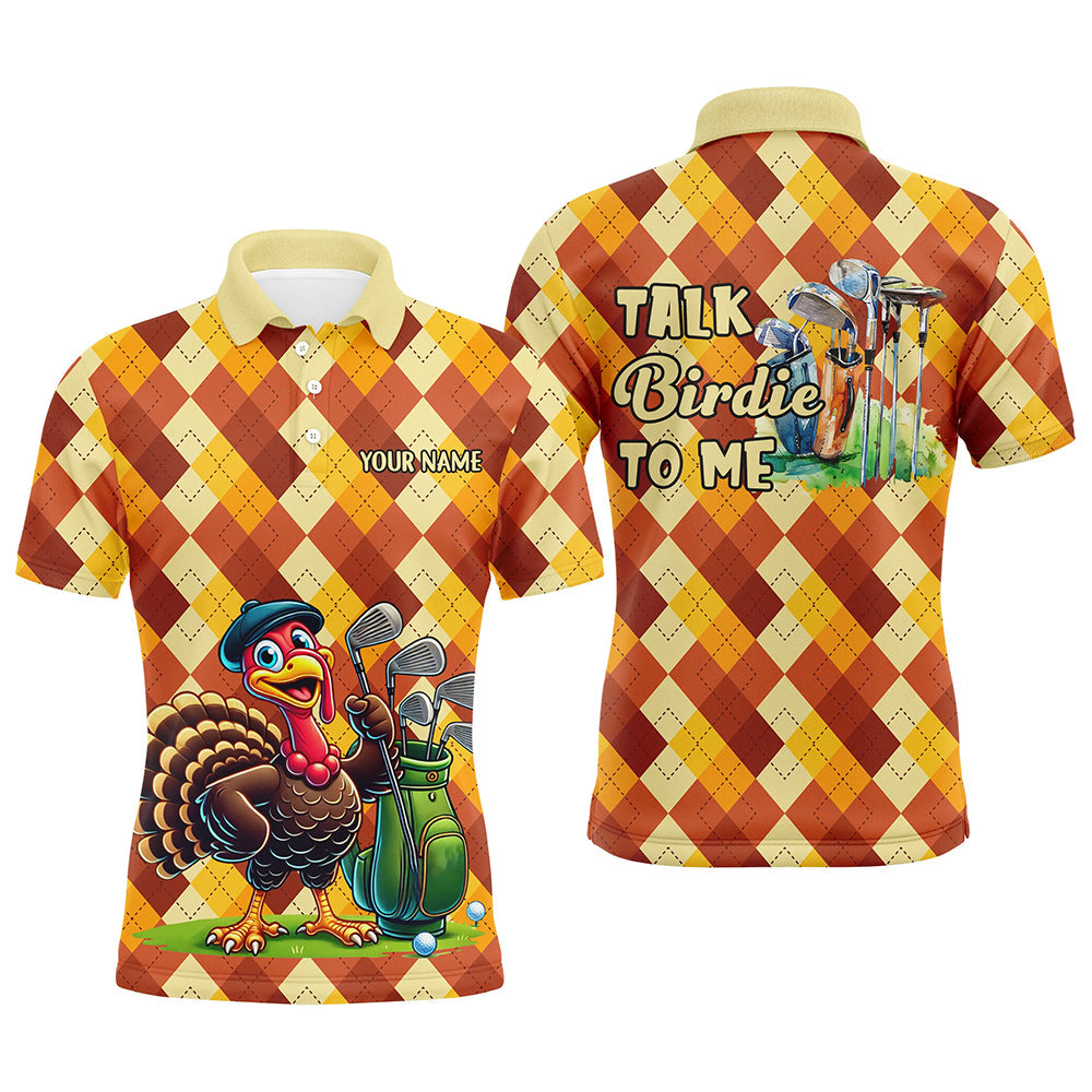 Mens golf polo shirts custom funny turkey argyle pattern Thanksgiving golf shirts talk birdie to me NQS8696