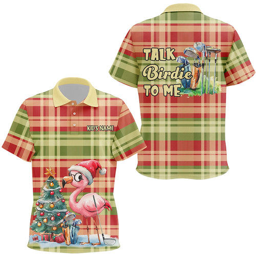 Kid golf polo shirt custom funny Flamingo plaid pattern Christmas golf shirts talk birdie to me NQS8697