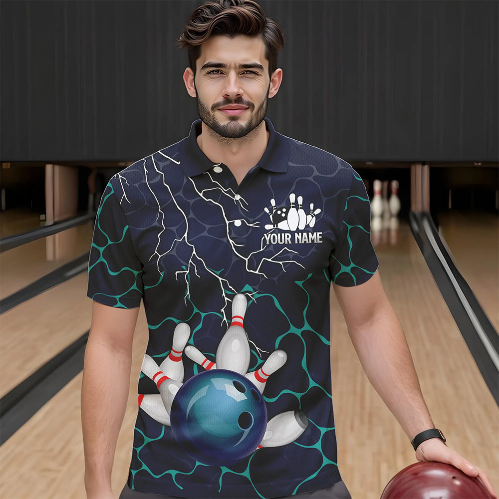 Blue Shark Camo Lightning Thunder Bowling Shirts For Men Custom Bowling Team Shirts, Gift For Bowler NQS9372