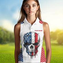 Load image into Gallery viewer, Red, white and blue American Flag Skull Women sleeveless polos custom patriotic golf attire for ladies NQS9375