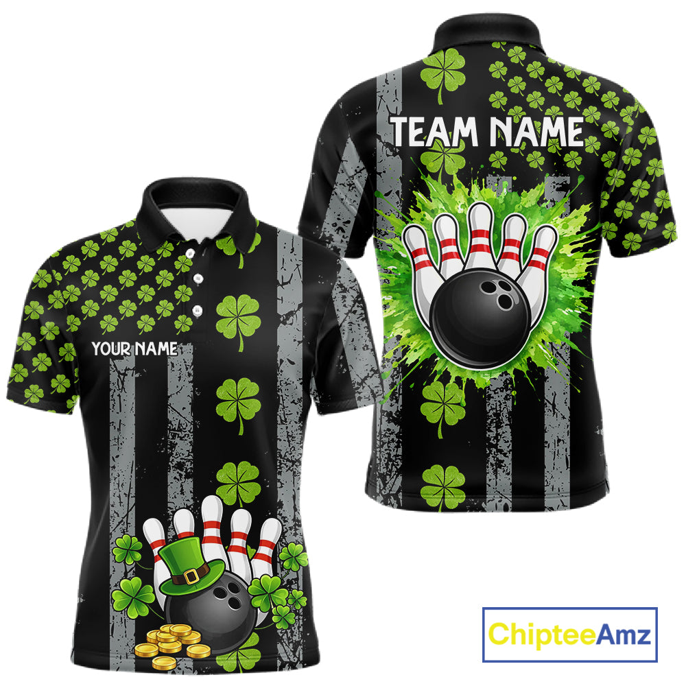 Custom Black Grunge US Flag Green Shamrock St Patrick Bowling polo shirts for men, bowling jersey men NQS11450