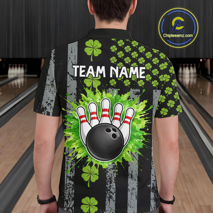 Custom Black Grunge US Flag Green Shamrock St Patrick Bowling polo shirts for men, bowling jersey men NQS11450