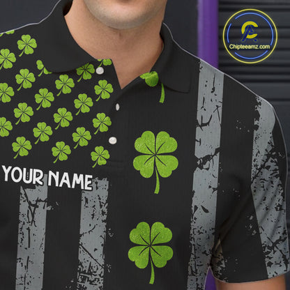 Custom Black Grunge US Flag Green Shamrock St Patrick Bowling polo shirts for men, bowling jersey men NQS11450
