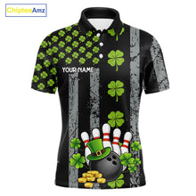 Load image into Gallery viewer, Custom Black Grunge US Flag Green Shamrock St Patrick Bowling polo shirts for men, bowling jersey men NQS11450