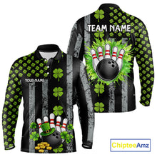 Load image into Gallery viewer, Custom Black Grunge US Flag Green Shamrock St Patrick Bowling polo shirts for men, bowling jersey men NQS11450