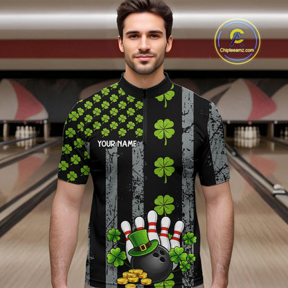 Custom Black Grunge US Flag Green Shamrock St Patrick Bowling polo shirts for men, bowling jersey men NQS11450