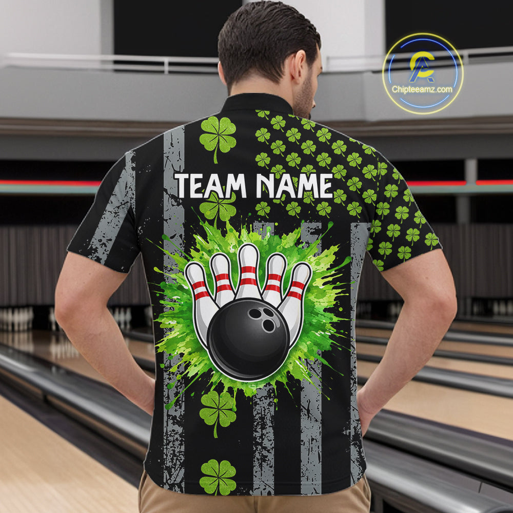 Custom Black Grunge US Flag Green Shamrock St Patrick Bowling polo shirts for men, bowling jersey men NQS11450