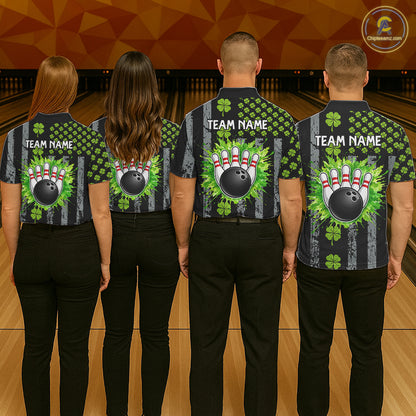 Custom Black Grunge US Flag Green Shamrock St Patrick Bowling polo shirts for men, bowling jersey men NQS11450