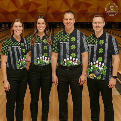 Custom Black Grunge US Flag Green Shamrock St Patrick Bowling polo shirts for men, bowling jersey men NQS11450
