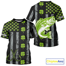 Load image into Gallery viewer, Custom Black Grunge US Flag Green Shamrock St Patrick Largemouth Bass Fishing Shirts, Bass Jerseys NQS11451