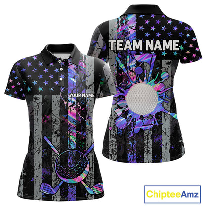 Black American Flag Hologram Womens golf polo shirts Custom patriotic ladies golf tops best golf gift NQS11640