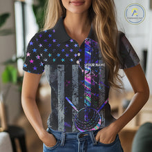 Load image into Gallery viewer, Black American Flag Hologram Womens golf polo shirts Custom patriotic ladies golf tops best golf gift NQS11640