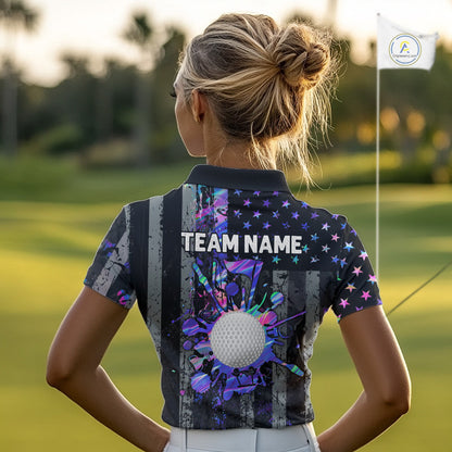 Black American Flag Hologram Womens golf polo shirts Custom patriotic ladies golf tops best golf gift NQS11640