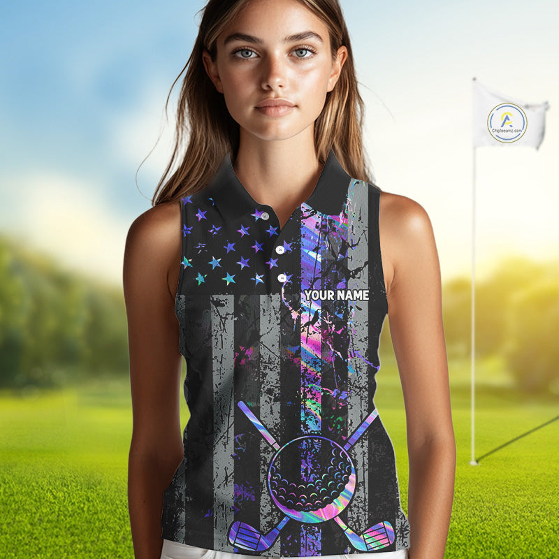 Black American Flag Hologram Women sleeveless polo shirt Custom patriotic ladies golf tops NQS11640