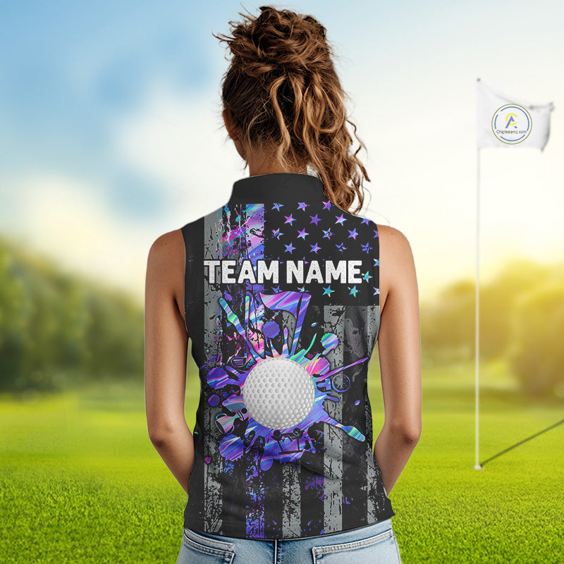 Black American Flag Hologram Women sleeveless polo shirt Custom patriotic ladies golf tops NQS11640